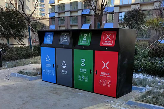 小区安装四分类垃圾桶罩，垃圾分类亭